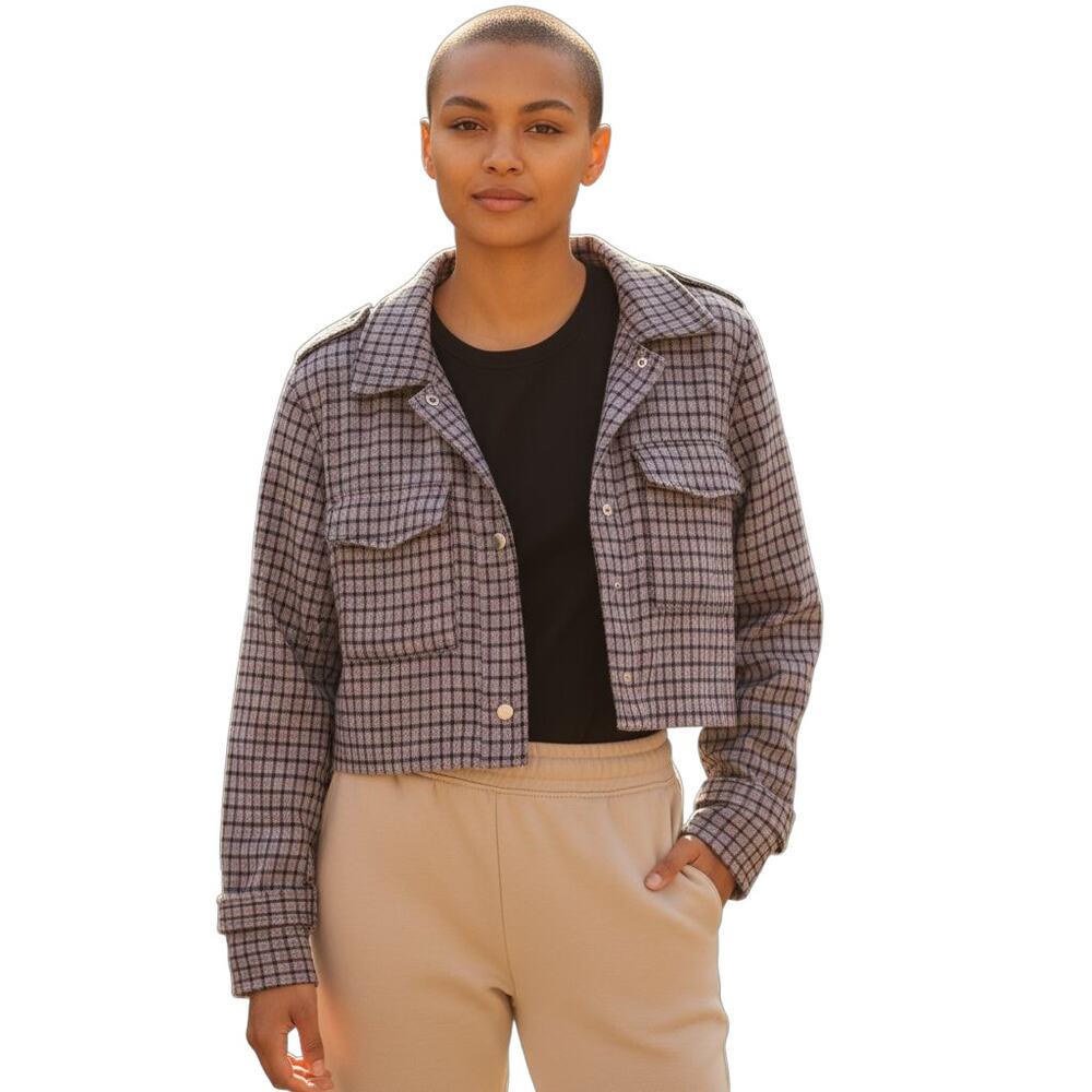 Wild Fable Jacket Women's Size Medium Purple Black Plaid Cropped Long Sleeve